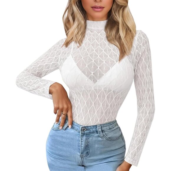 🆕 Women White Long Sleeve Mesh Top Lace Mock Neck See Through Fitted Sexy Out - Picture 1 of 7